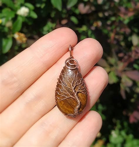 Tigers Eye Copper Wire Wrapped Pendant Necklace Tree Of Life Jewelry