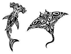 Set Of Tribal Ocean Shark Abd Manta Ray Collection Of Tropical