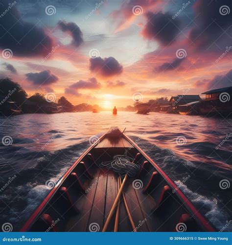 Back View Action Images Of A Small Boat On A River Sailing Into The