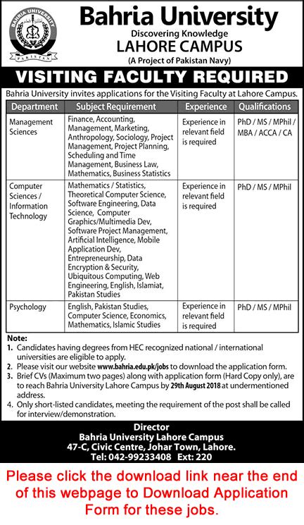 Bahria University Lahore Campus Jobs 2018 August Application Form