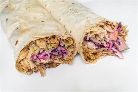 Shawarma Traditional Turkish Chicken Doner Kebap In Roll Of Lav Stock