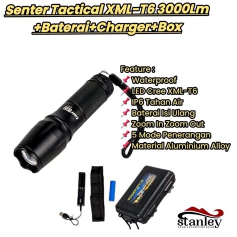 Jual Senter Tactical XML T6 3000 Lm Baterai Charger Box E97 Black