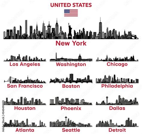 United States cities skylines silhouettes vector illustrations Stock ...