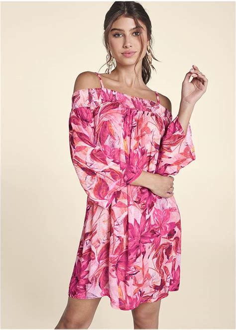 Floral Cold Shoulder Dress In Pink Multi Venus