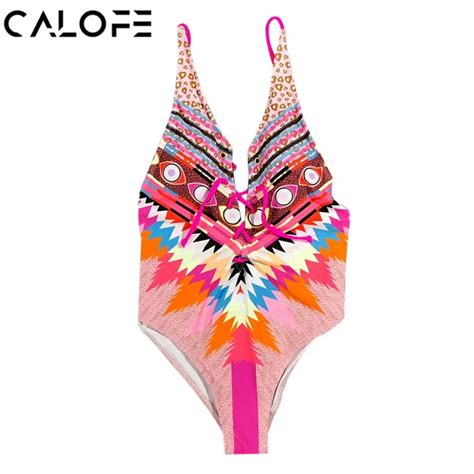 Calofe Sexy Print Backless One Piece Swimsuit High Cut Sexy Deep V Neck