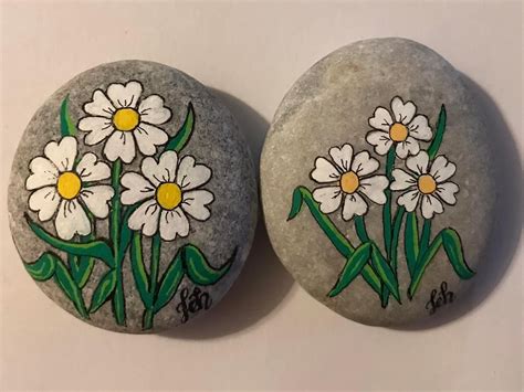 Two Painted Rocks With Daisies On Them