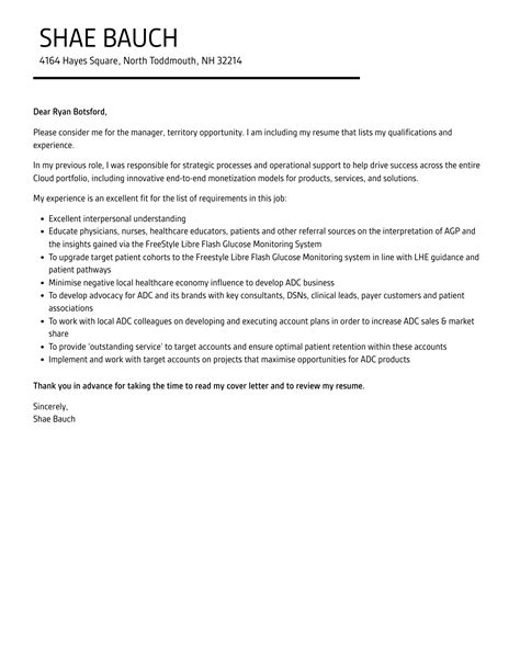Manager, Territory Cover Letter | Velvet Jobs
