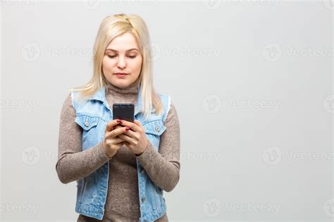 Blonde Girl With Mobile Phone Woman Portrait With Smartphone Isolated