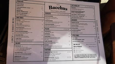 Menu at Bacchus Bar, Henley Beach, 253 Esplanade