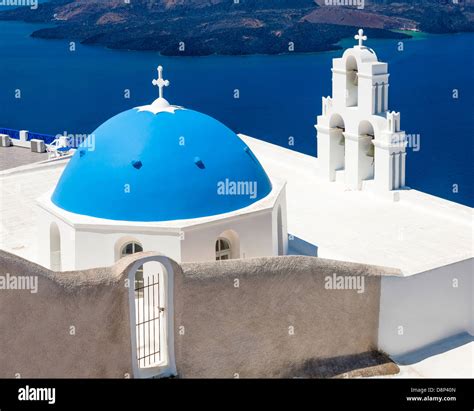 Blue Dome Church At Firostefani Near Fira On Thira Island Santorini