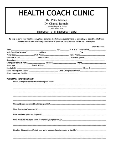 Adult Intake Form Health Coach Naturopathic Health Centre Fill Out And Sign Printable Pdf