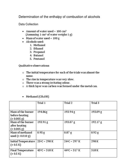 Determination of The Enthalpy of Combustion of Alcohols | PDF | Ethanol | Mole (Unit)