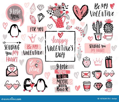 Valentine`s Day Lettering Design Set with Hand Drawn Elements. Stock ...