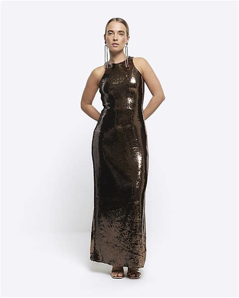 Brown Sequin Slip Maxi Dress River Island