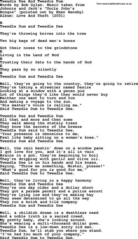 Bob Dylan Song Tweedle Dee And Tweedle Dum Lyrics And Chords