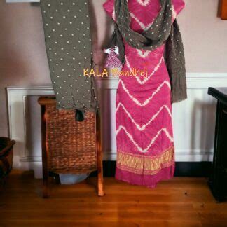 Pink Grey Leheriya Bandhani Shibori Dress Material Bandhej