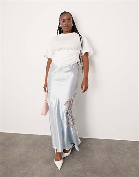 Asos Design Curve Satin And Lace Maxi Skirt In Blue Asos