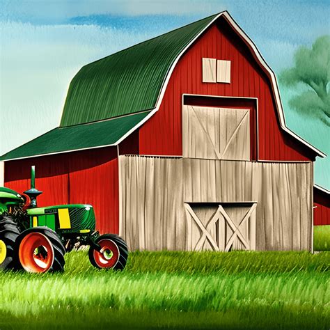 Realistic Old Country Barn With Green John Deere Tractor 8k · Creative