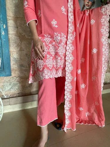 Pink And White Embroidered Cotton Kurta Suit Set At Rs Piece