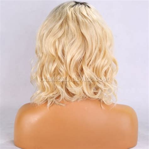 613 Blonde Ombre Color Black Roots Short Wavy Bob 4 5 Lace Front Wig 100 Human Hair