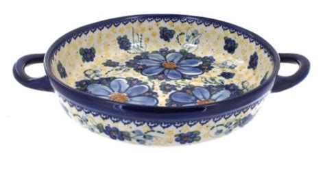 Blue Rose Polish Pottery Daisy Surprise Small Round Baker With Handles