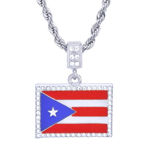 Mens Silver Tone Bling Puerto Rico Flag Pendant 24 Chain Necklace Hc