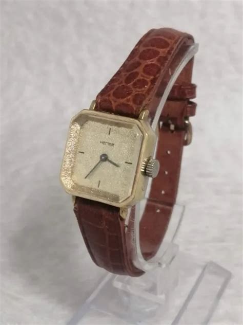 Ancienne Montre Femme Mecanique Herma Plaque Or Cuir Vintage Watch