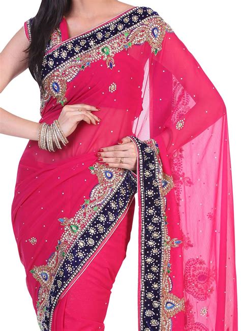 Buy Bright Pink Chiffon Saree Crystals Sari Online Shopping SAKVF1124