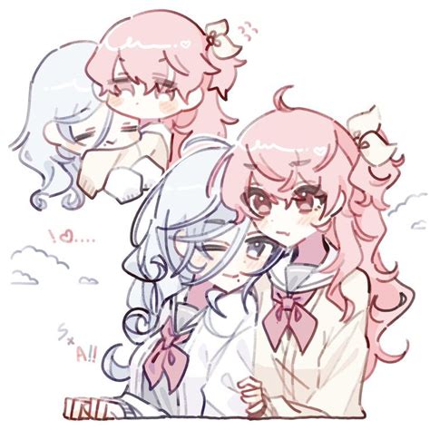 Three Anime Girls With Pink Hair And White Shirts Are Looking At