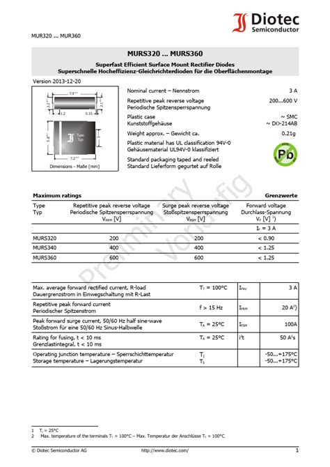 Murs Datasheet Surface Mount Ultra Fast Recovery Rectifier