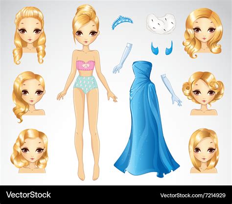 Blonde Hair Set Of Blue Paper Doll Royalty Free Vector Image