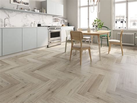 Impervia Luxury Vinyl Herringbone White Washed Oak Flooring White