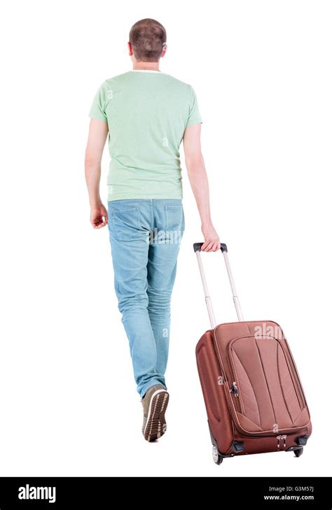 Back View Of Walking Man With Suitcase Brunette Guy In Motion