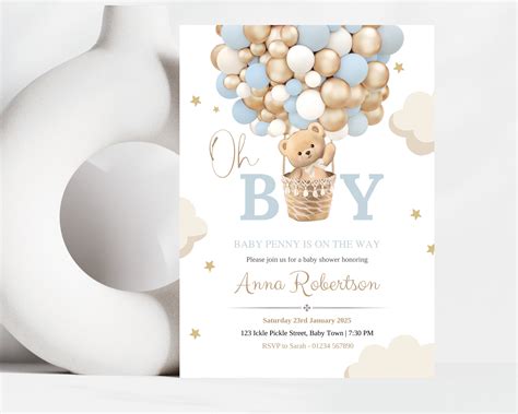Editable Oh Baby Shower Invite Hot Air Balloon Blue Boy Teddy Bear Theme Boho Bear Baby Shower
