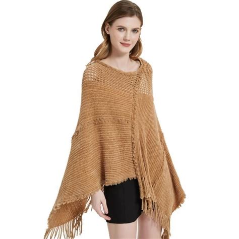 Poncho Femme Tricot Pull Capes Tricot Creux Gland Chale Printemps