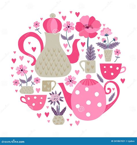 A Fun Print For A Potholder Kitchen Board Or Hot Stand Round Composition Of Teapots Cups