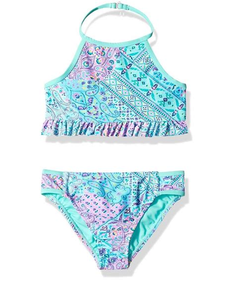 Big Girls High Neck Bikini Swimsuit Set With Ruffle Purple Tile