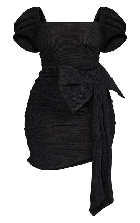 Plus Black Glitter Bow Detail Bodycon Dress Plus Size Prettylittlething