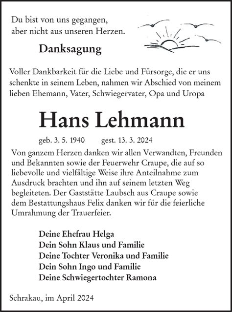 Traueranzeigen Von Hans Lehmann Lr Online Trauer De