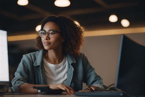 Premium AI Image | a woman in glasses sits at a computer and looks at ...