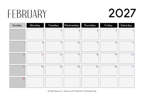 Printable February 2027 Calendar With Holidays