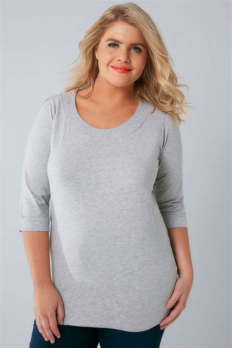 Grey Marl Scoop Neckline Basic T Shirt With 3 4 Sleeves Plus Size 16 To 32