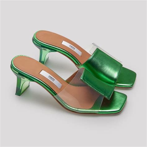 Indira Clear Vinyl Green Metallic Leather Sandals Metallic Leather