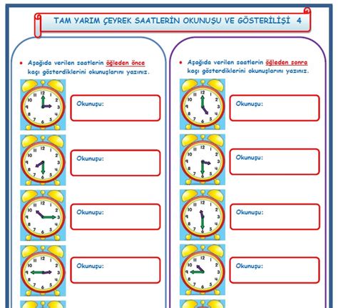 S N F Matematik Tam Yar M Eyrek Saatlerin Okunu U Ve G Sterili I