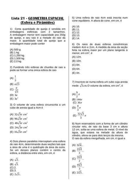 Pdf Lista Geometria Espacial Esfera E Pir Mides Lista