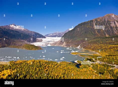 Aerial view of Mendenhall Glacier and the Mendenhall Glacier Visitor ...