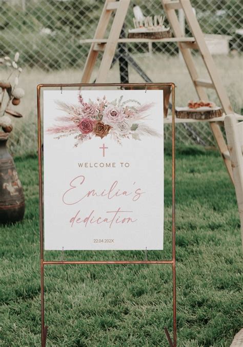 Bohemian pink girl baby dedication welcome sign template, boho baptism ...