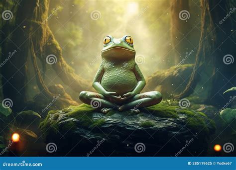 Green Frog Sits In Meditation To Calm His Mind In The Forest Amphibian