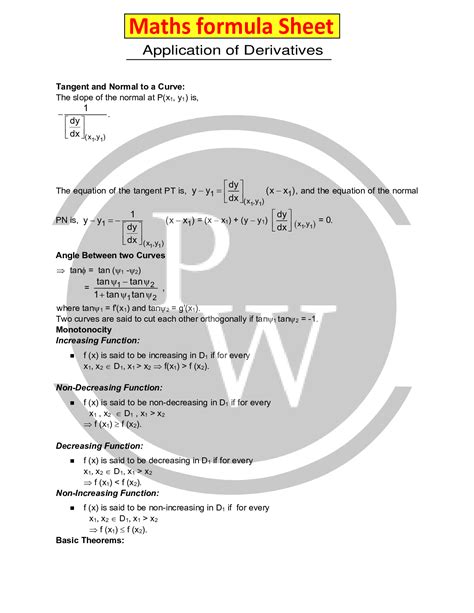 Class Maths Formula For Application Of Derivatives Pw