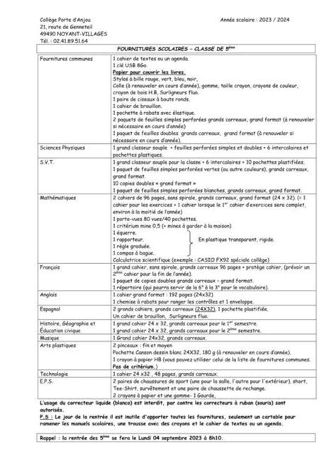 LISTES DES FOURNITURES 2024 2025 Collège Porte D Anjou